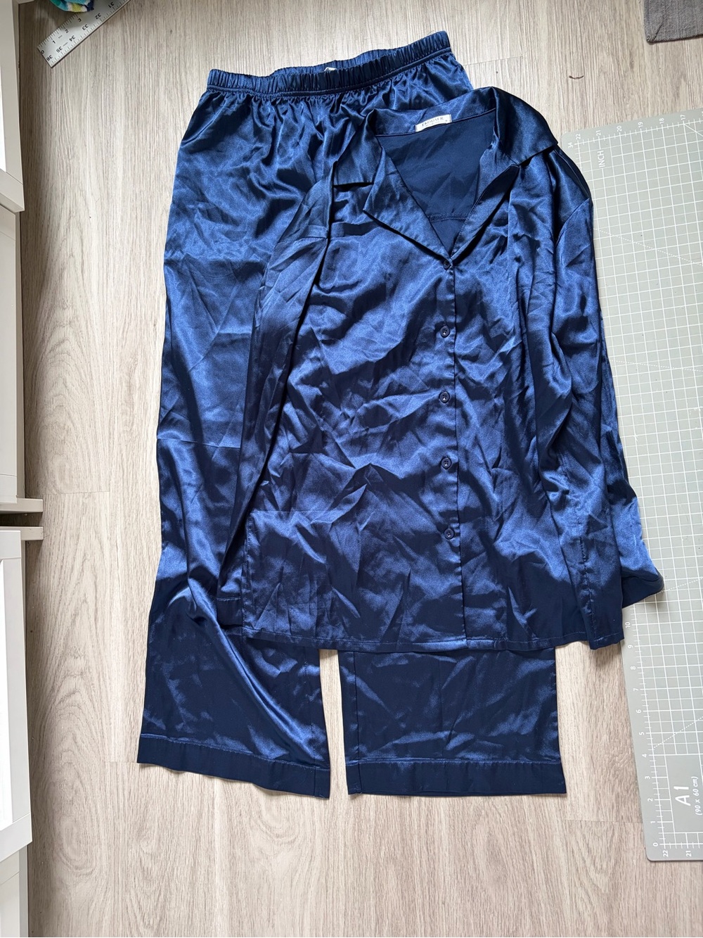 Satin Navy Button-Front Pajama Set